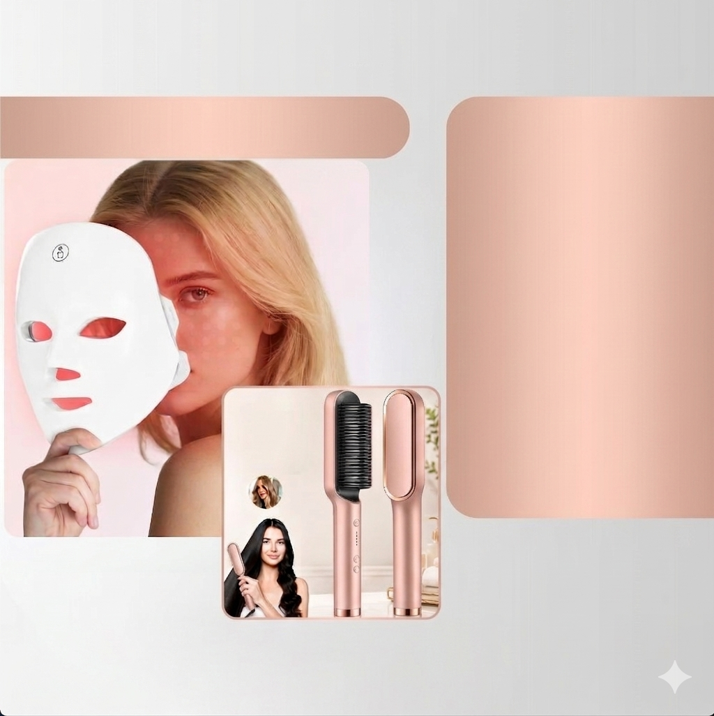 ✨💖 BeautyGlow Combo – Máscara Facial LED + Cepillo Alisador